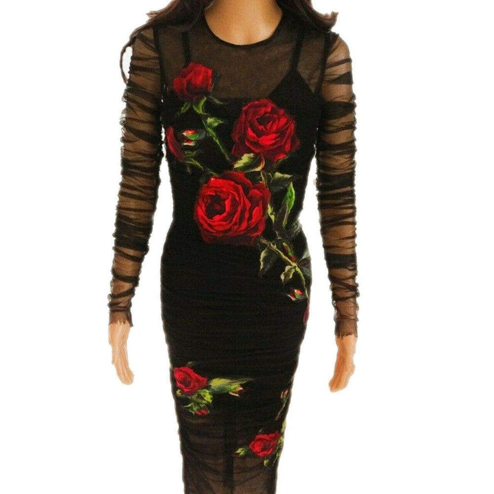 $5,500 DOLCE & GABBANA BLACK RED ROSE RUCHED DRESS - Picture 2 of 11